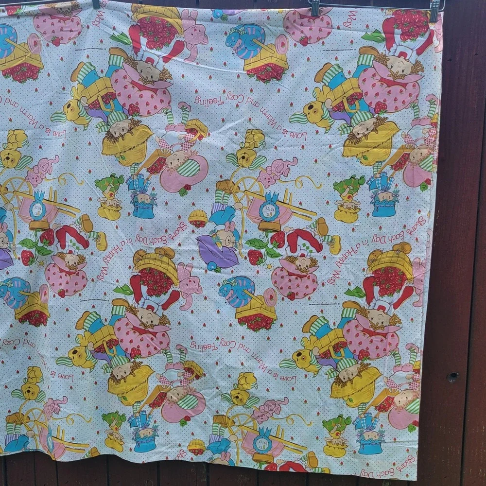 Vintage Strawberry Shortcake Full Size Sheet Set Flat Fitted 1 Pillow Case 80s